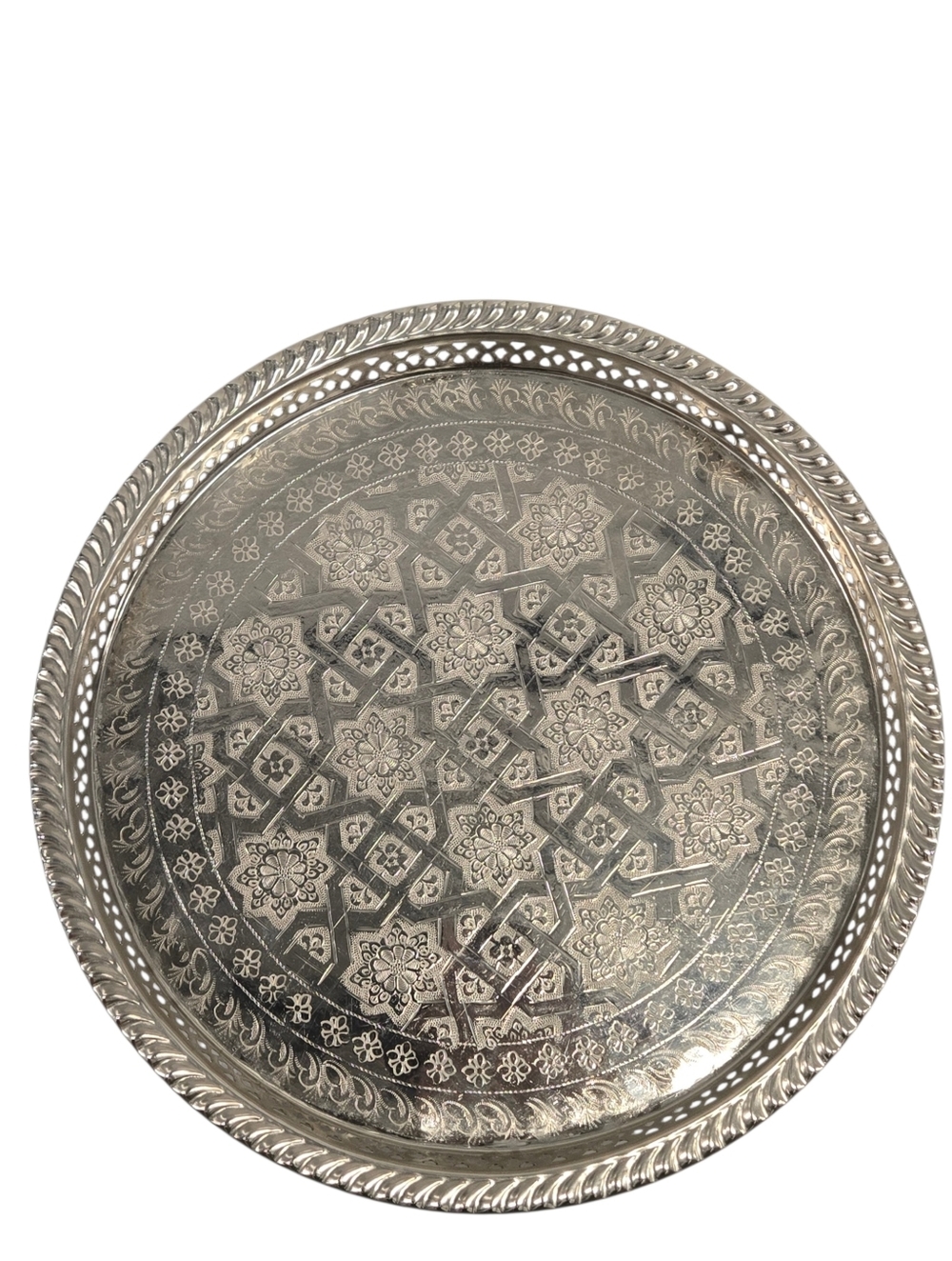 Silver Plated Serving Footed Tray Moroccan  Round Design Pierced F